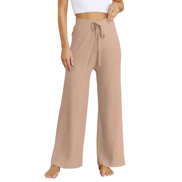 Beige Rib-Knit Flared Trousers for Women