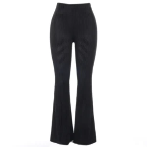 Black Rib-Knit Flared Trousers for Women