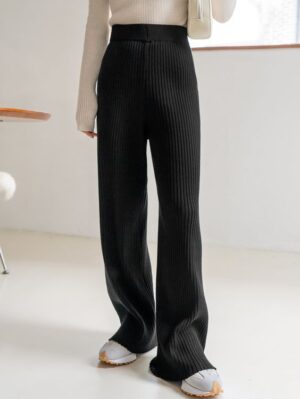 Black Rib-Knit Straight-fit Trousers for Women