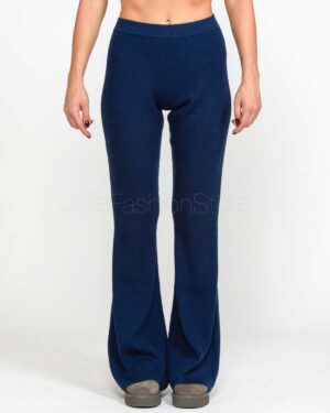Blue Rib-Knit Flared Trousers for Women