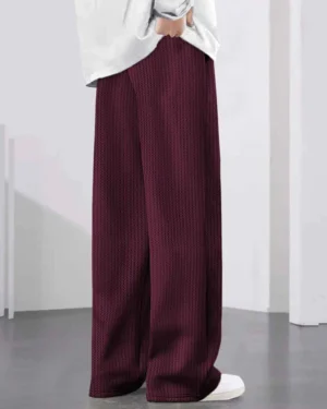 Maroon Waffle-Knit Flared Trousers for Women