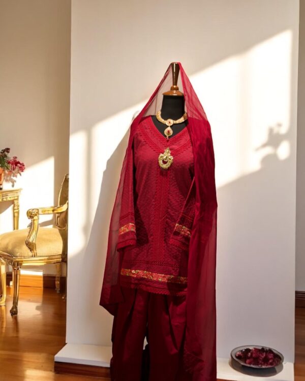 3pc Maroon Chikenkari Shalwar Suit